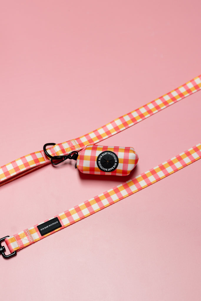 Checkered dog leash and dog waste bag holder clip on a pink background