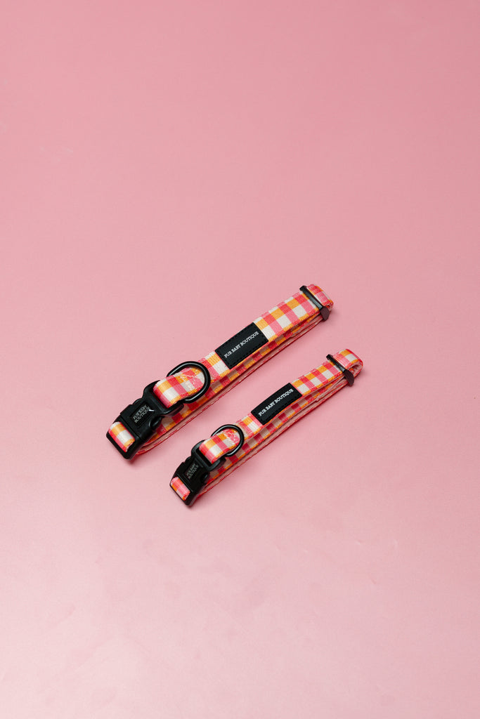 Two checkered dog collars on a pink background