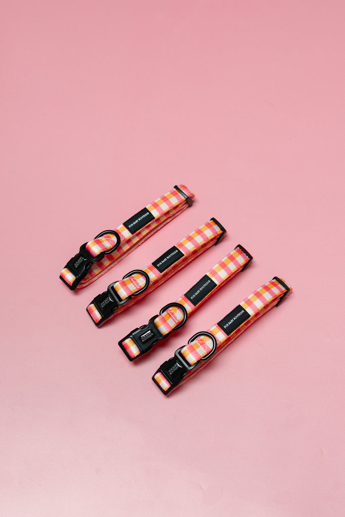 Four dog collars with pink and orange checkered pattern on a pink background